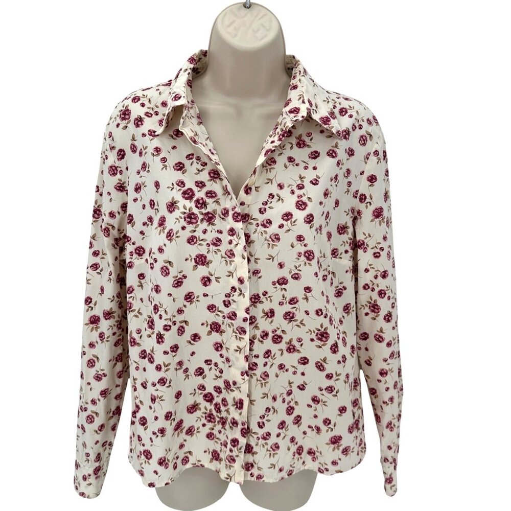 Ann Taylor Loft Womens Floral Button-Down Shirt Size 12 White & Burgundy Cotton